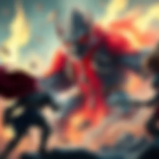 Two heroic characters face off against a giant monster in a dramatic battle scene, showcasing intense action and excitement.