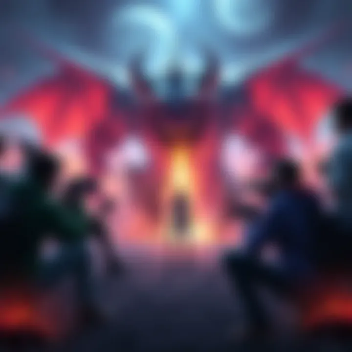Gamers brainstorming creative names for an epic boss fight in a fantasy setting