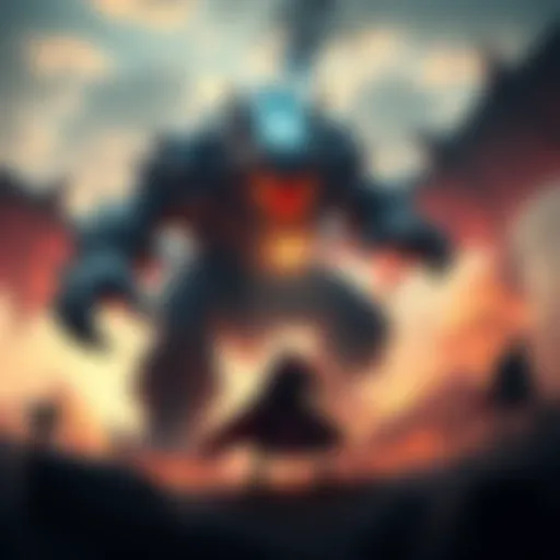 A massive boss creature towers over a courageous player, showcasing a three-phase battle with intense action and strategic movement.