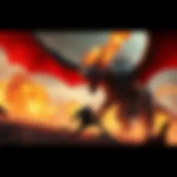 Epic Boss Fight Scene A thrilling moment from a video game showcasing a player battling a massive dragon-like boss in a fiery landscape.