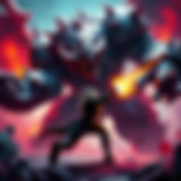 Epic Boss Fight in Video Game A character battling a massive, armored boss with intense colors and action-packed background