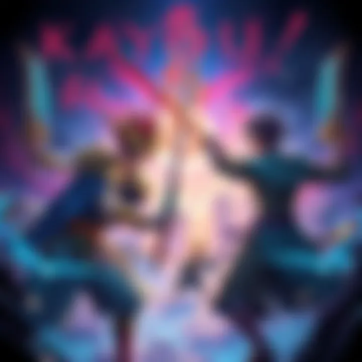 A dramatic scene of two warriors clashing swords, symbolizing virtue and conflict, with a vibrant background of a mystical setting.