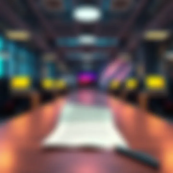 A concerned office environment showing empty desks and a resignation letter on a table, symbolizing changes at Epic Games