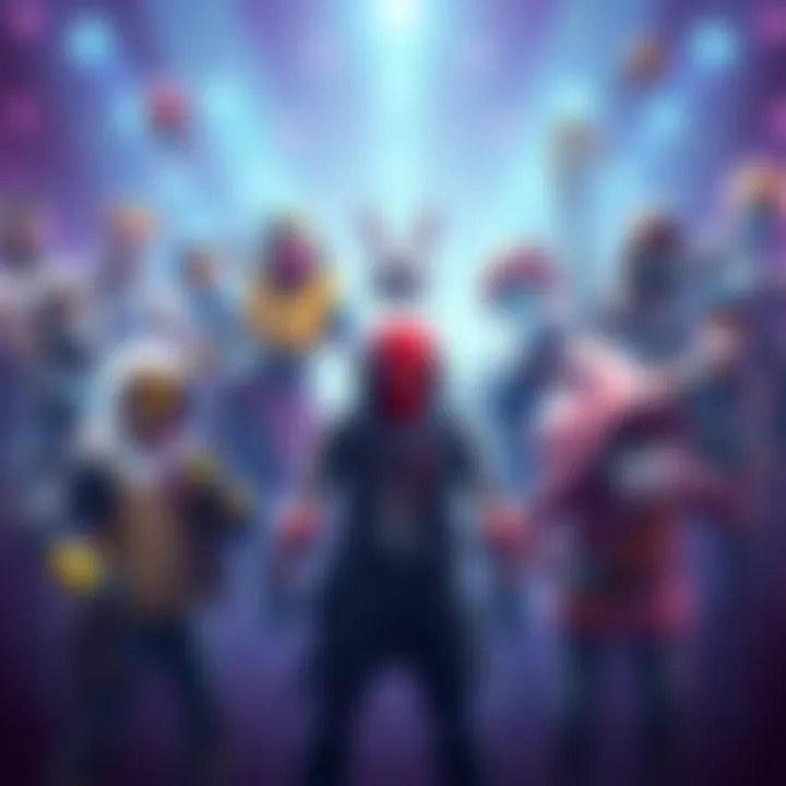A colorful display of various video game skins showcasing characters and designs from Epic Games.