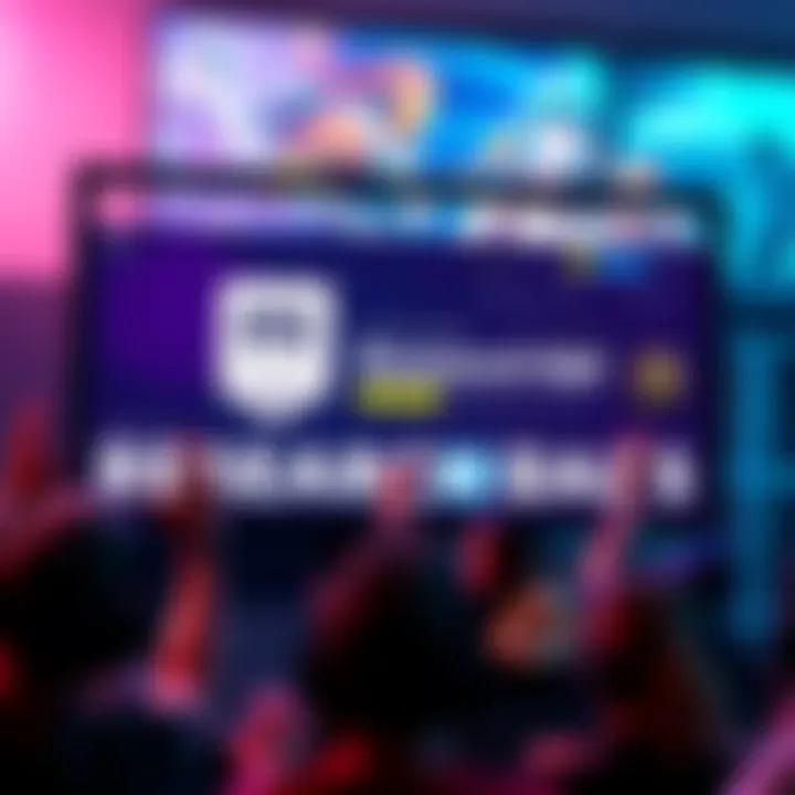 A digital display showing the reactivation of Epic Games' research tab with visuals of gaming icons and excited gamers in the background.