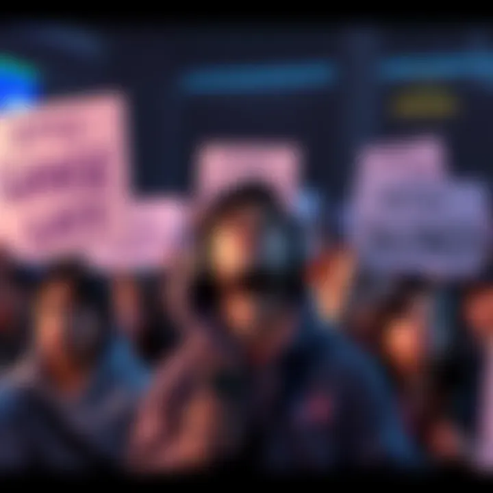 Epic Games Silence A group of frustrated gamers with signs expressing disappointment towards Epic Games for not addressing backlash, showing unity in their concern.