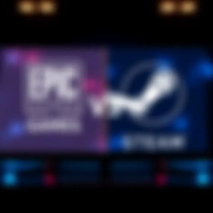 A split-screen showing Epic Games logo on one side and Steam logo on the other, representing their rivalry in gaming.