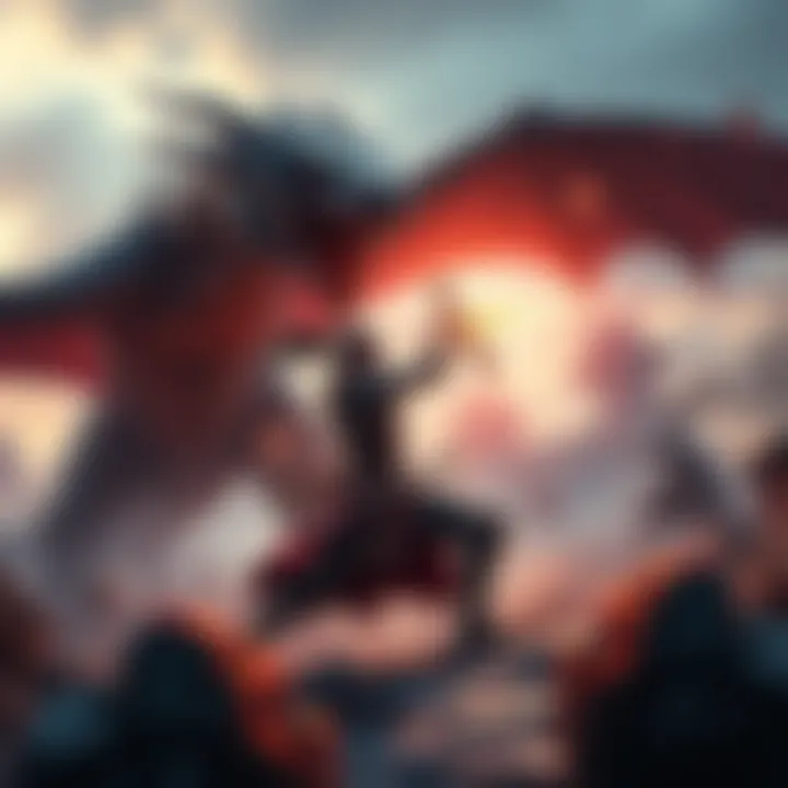 A dynamic action scene showing a warrior battling a dragon in a fantasy setting.