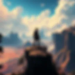 A character stands heroically at the edge of a cliff, overlooking a vibrant, sprawling landscape filled with adventure.