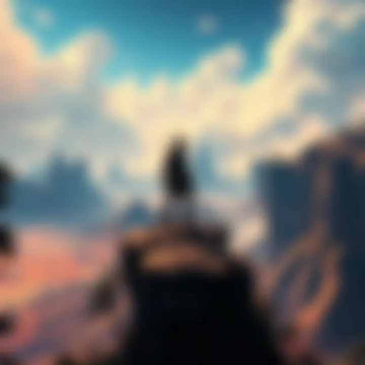 A character stands heroically at the edge of a cliff, overlooking a vibrant, sprawling landscape filled with adventure.