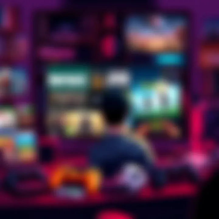 A gamer reviewing their Epic library on a computer, surrounded by popular game titles and controllers.