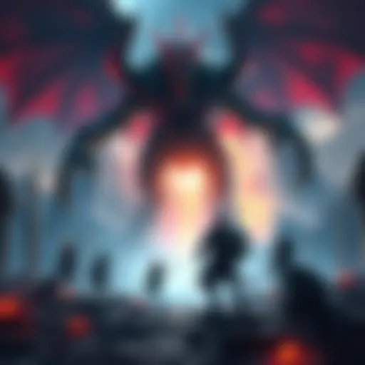 A group of players teaming up to face a monstrous creature in a fantasy setting, showcasing teamwork and strategy.