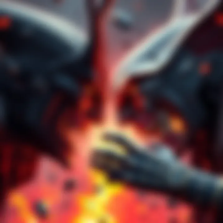 Two iconic evil characters face off in a chaotic battle, both exuding intense energy and madness, surrounded by chaos and destruction.