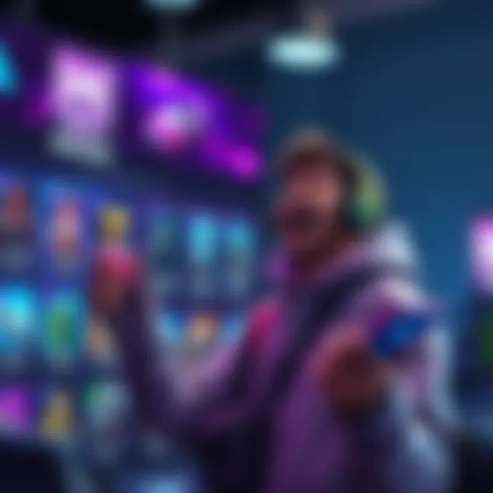 A gamer excitedly checking out Vbucks and skins on the Epic Store, highlighting 20% rewards on purchases.