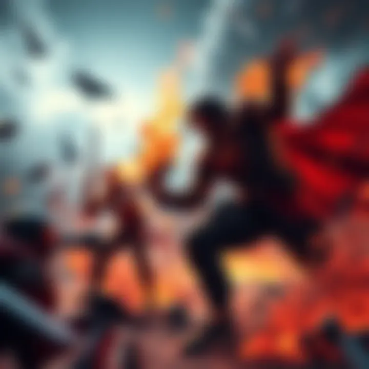 A dramatic scene from a video game featuring a character in a fierce battle, showcasing intense action and vibrant graphics.