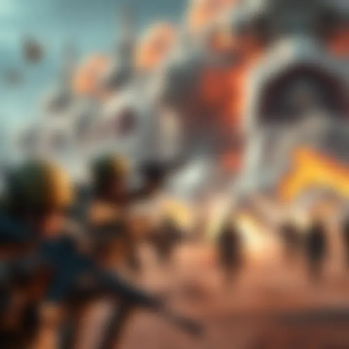 A realistic depiction of soldiers in combat, engaged in a strategic battle with vehicles and explosions in the background