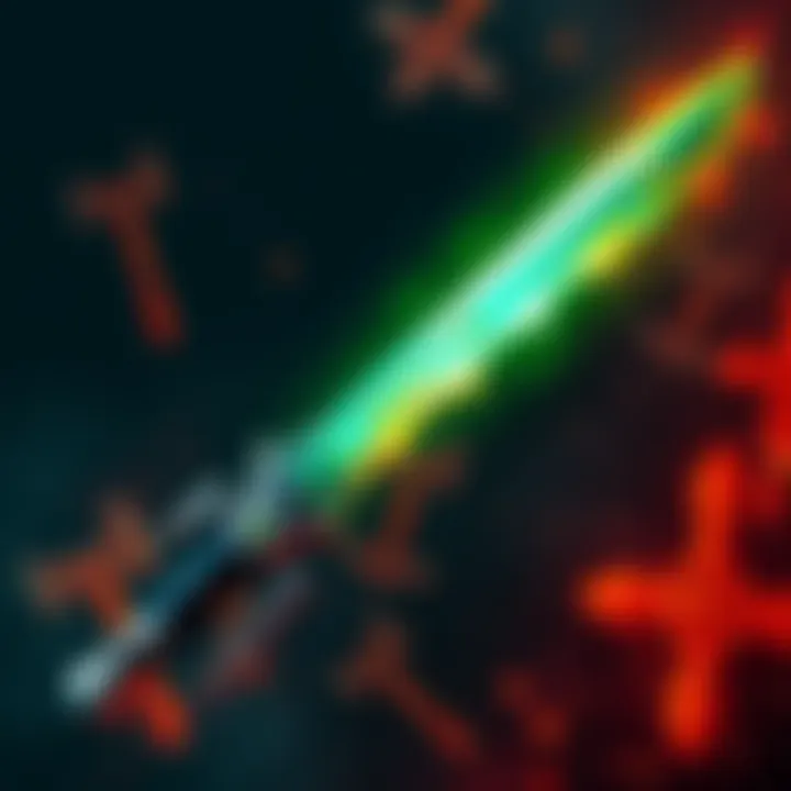 The Erdsteel dagger glowing with power and surrounded by axe talismans and two-handed weapon imagery, highlighting its 50% damage boost.