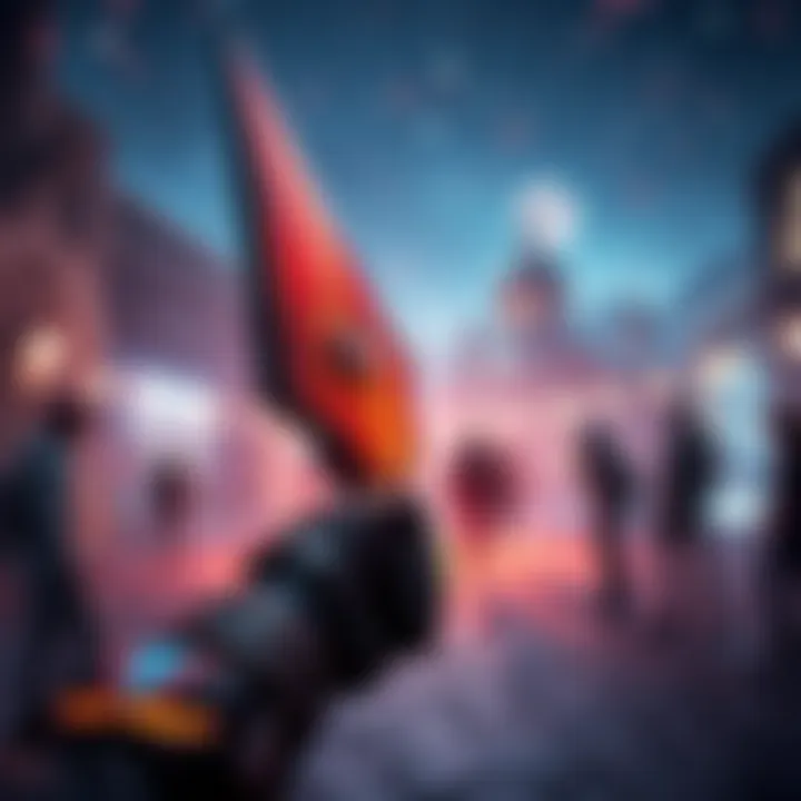 A player holding the Erentil weapon in a vibrant Destiny environment, celebrating shared gameplay moments with friends in the background.