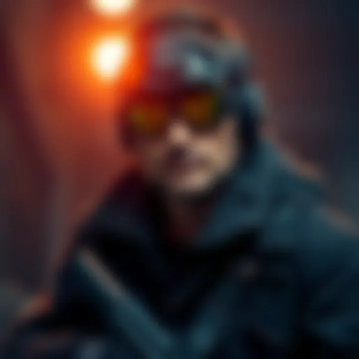 Eric Bana dressed as Sam Fisher, wearing a tactical outfit and night vision goggles, ready for action in a dark setting.