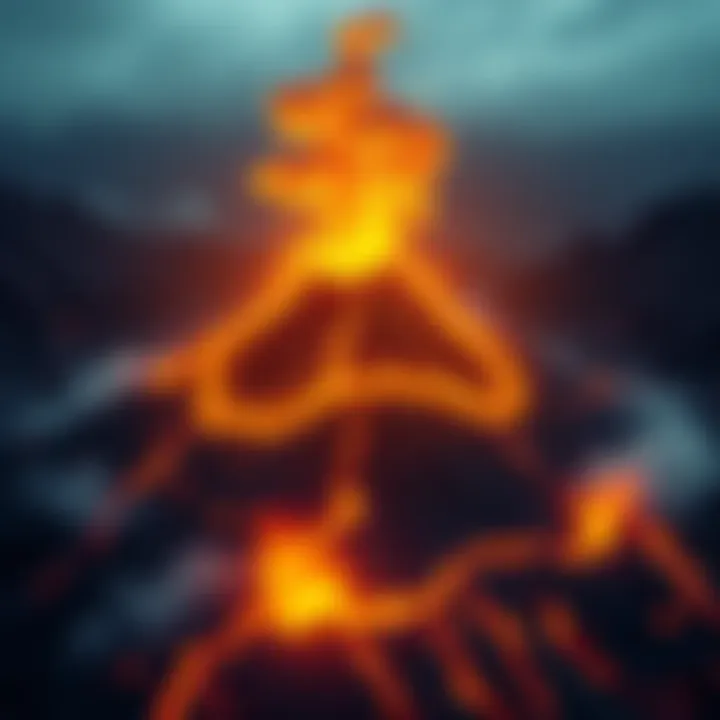 A volcanic eruption featuring a bright yellow outline, highlighting the area for bonus damage after a fire spell is cast.