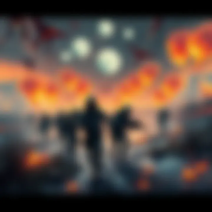 A group of people attempting to leave a dangerous area filled with obstacles and challenges, showcasing their determination and feelings of hope.