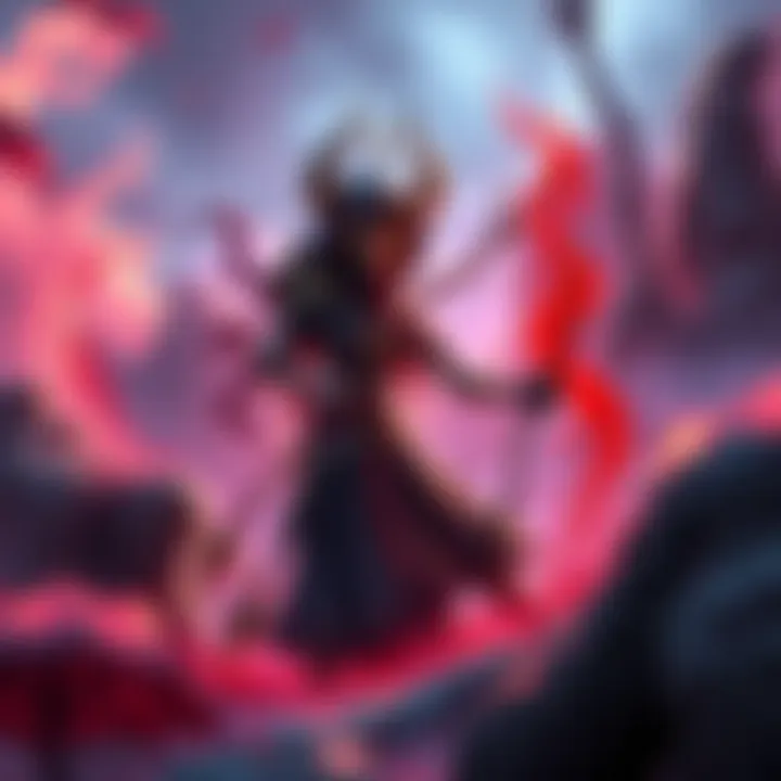 A character resembling Esdras' sister in a vibrant game world, holding blood sand and a branch, surrounded by elements of Mourning and Havoc.