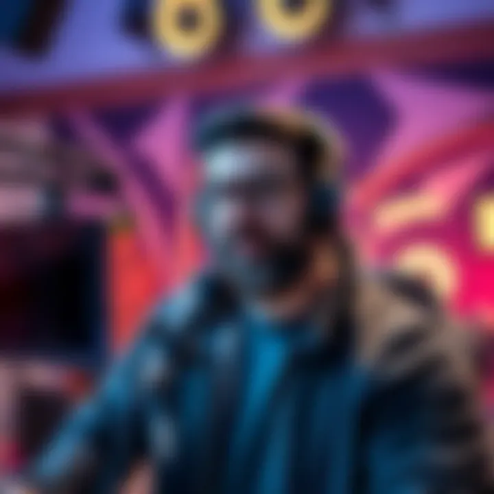 Esfand sharing tips on becoming a top streamer with a microphone in front of a gaming setup
