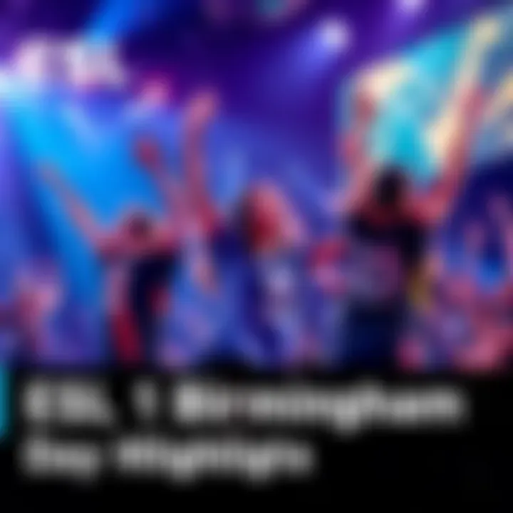 ESL Birmingham Day 1 Highlights Teams competing fiercely on stage at ESL Birmingham, with Aurora celebrating their win and Mikoto in action.