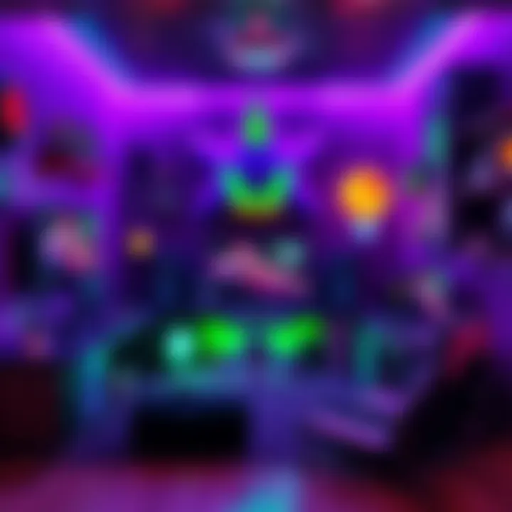 A vibrant gaming room featuring an Espio character theme with purple and green decor, gaming gear, and lighting.