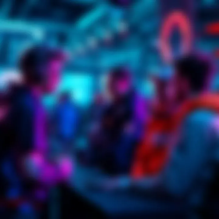 Esports Team Collaboration A group of esports players discussing strategies with a sponsor representative at a gaming event.