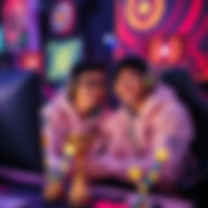 A couple of esports champions smiling at each other while sitting at a gaming station, surrounded by gaming equipment and trophies, showing their connection beyond the game.