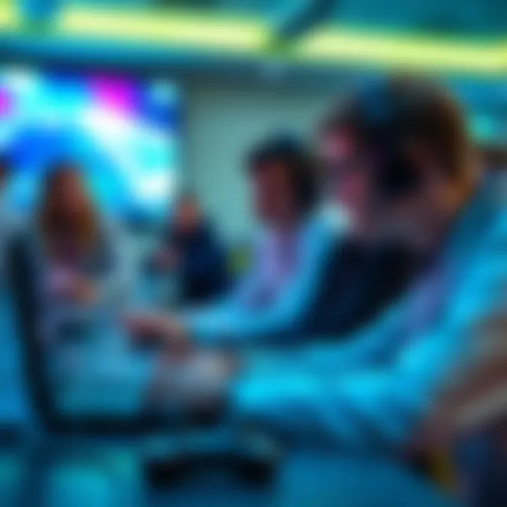 Health professionals discussing e-sports at a Canadian conference, with laptops and gaming controllers on the table.