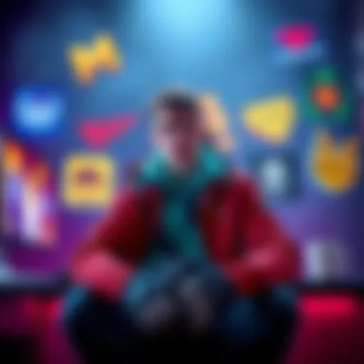 An esports player sitting at a gaming setup, looking concerned while surrounded by gambling logos, highlighting the controversy over gambling sponsorships in gaming.