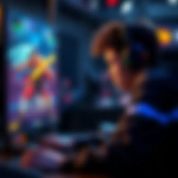 An esports player intensely focused on the screen, playing with a single character in a game, showcasing a one-tricking strategy during a competitive match.