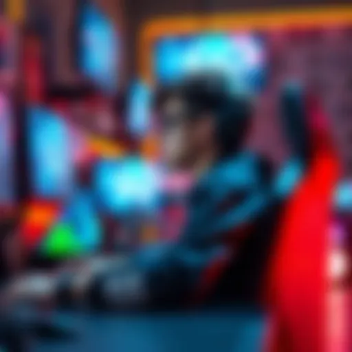 A young eSports player sitting at a gaming desk, looking thoughtful while surrounded by gaming equipment and screens.