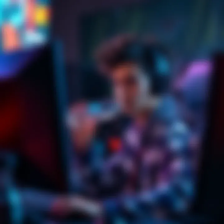 A focused esports player enjoying a bottle of sparkling water while gaming at a computer, with colorful lights in the background.