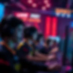 A group of esports players intensely focused on their screens during a live tournament, showcasing teamwork and strategy.