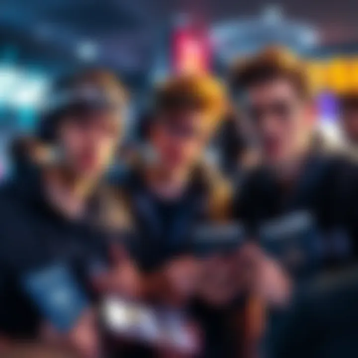 A group of esports players looking concerned while holding their passports and travel documents, discussing visa problems for an upcoming tournament.