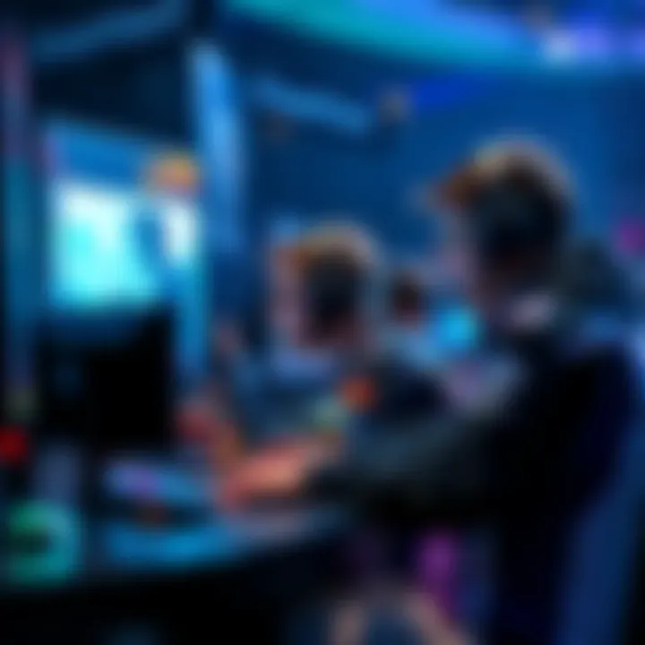 Three esports teams competing in a tournament setting, with gamers focused on their screens, showcasing intense gameplay and teamwork during the Dreamhack Atlanta Qualifier.