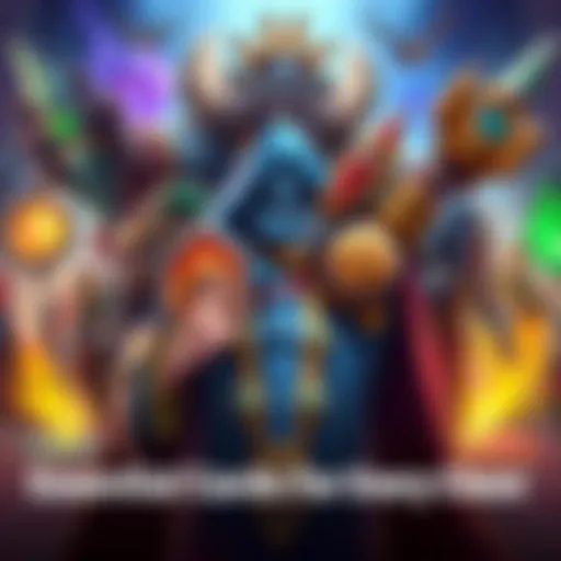 Illustration showing various staple cards for different classes and neutral options in gameplay, with people discussing their favorite legendary cards in a community setting