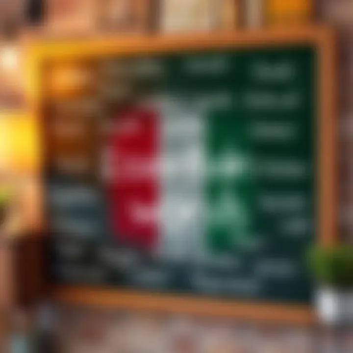 A collection of Italian words and phrases with their English translations, displayed on a chalkboard to symbolize language learning.