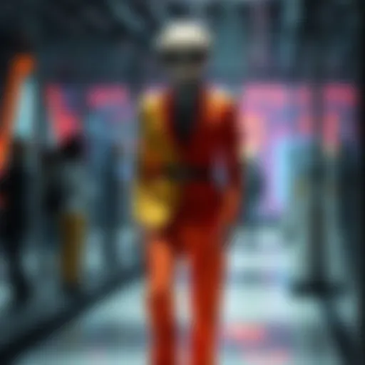 A striking suit inspired by extraterrestrial themes, showcasing unique design and vibrant colors, being worn by a model at a fashion event.