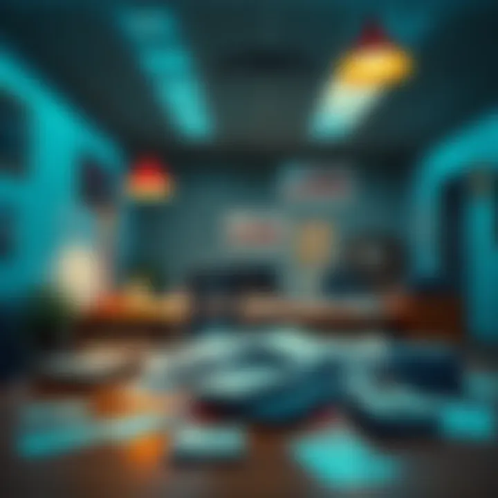 An empty office space with closed signs and documents scattered on a desk, symbolizing the sudden closure of ETA.