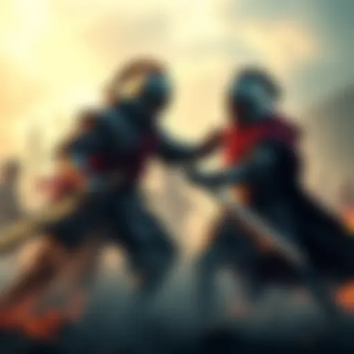 A dramatic depiction of two warriors engaged in an intense fight, surrounded by a misty landscape, symbolizing ongoing legends of battles.