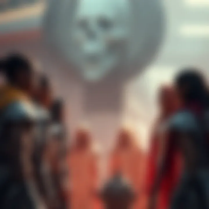 A group of Eternals standing in a circle, debating the sacrifice of soldiers with intense expressions.