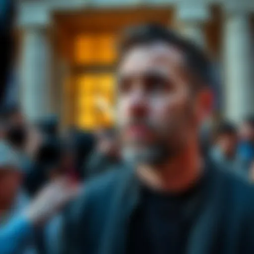 Ethan Klein looks disappointed outside a courthouse after losing a copyright case against Twitch streamer Denims, with a crowd of reporters nearby.