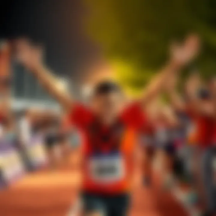 Ethan smiles and raises his arms in victory after breaking a speed run record, surrounded by cheering friends and fans.
