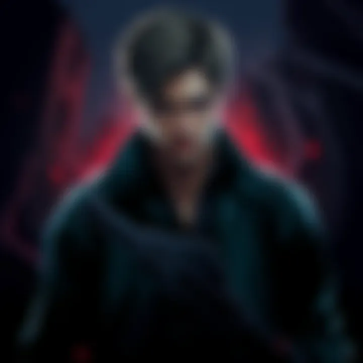 Ethan Winters Character Art Illustration of Ethan Winters from Resident Evil, showing him in a dramatic pose with a distressed expression, surrounded by dark and eerie backgrounds that reflect his family-driven storyline.