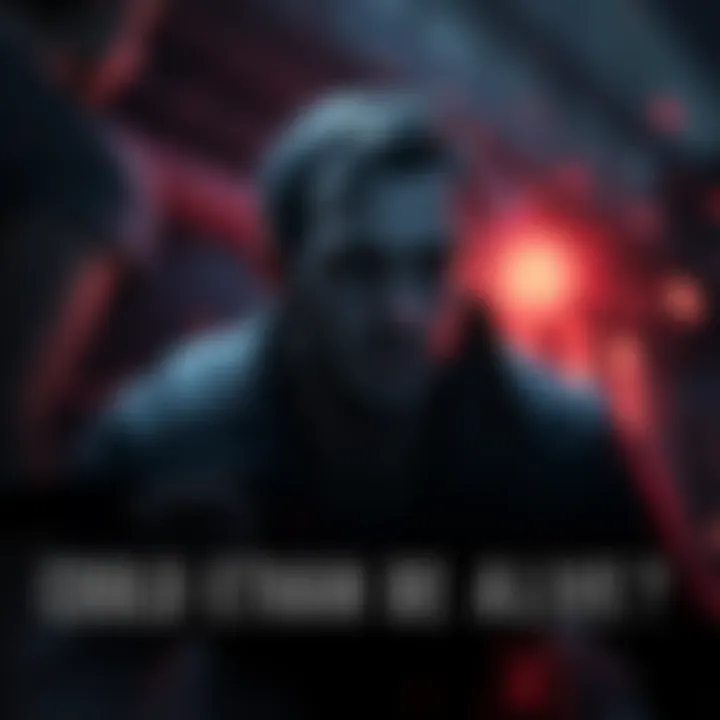 Ethan Winters facing peril, surrounded by shadows and chaos, hinting at his uncertain fate in Resident Evil 8