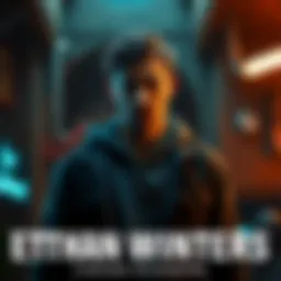 Ethan Winters standing in a dark, atmospheric game environment with a tense expression.